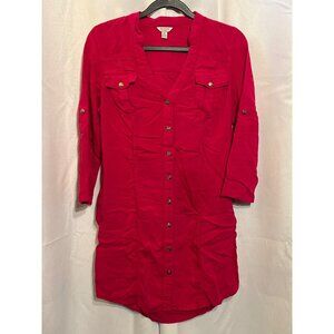 Guess Womens Pink Button-Up Tunic Shirt Dress With 3/4 Sleeves & Chest Pockets